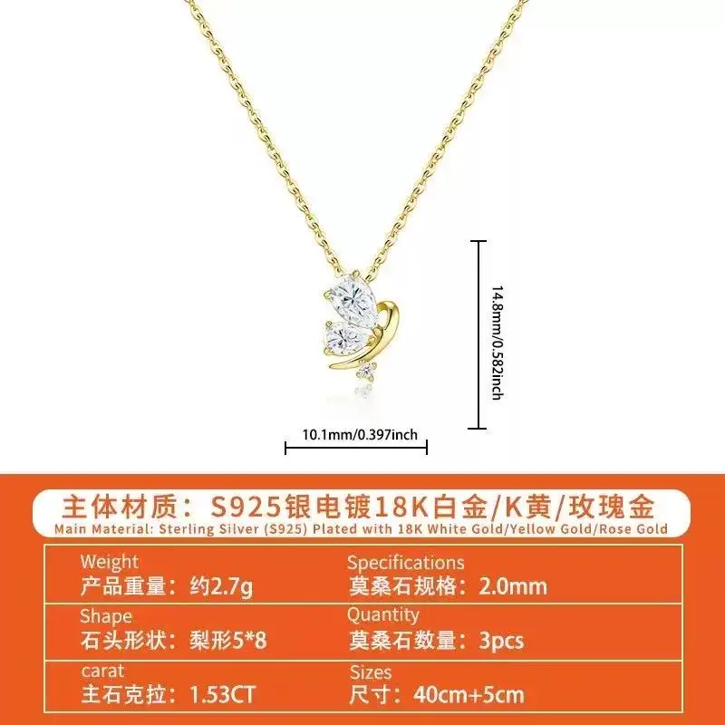 925 Silver Butterfly Moissanite Necklace, Pear Teardrop Cut D‑Color VVS1 Lab Diamond Pendant, Gold Plated Choker Fine Jewelry