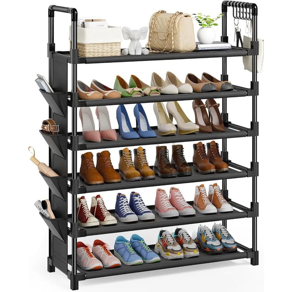 

6 Tier Shoe Rack,Adjustable Metal Shoe Rack Organizer for 24-30 Pairs Shoe and Boot,shoe rack for entryway with Hooks
