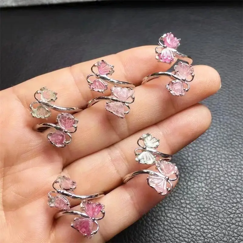 S925 Natural Tourmaline Rings Healing Energy Crystal Trendy Creative Finger Jewelry For Women Party Gift 1pcs