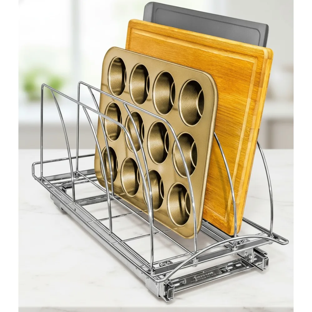 رف منظم لألواح القطع قابل للسحب - تخزين خزانة المطبخ لأوراق الخبز والصواني