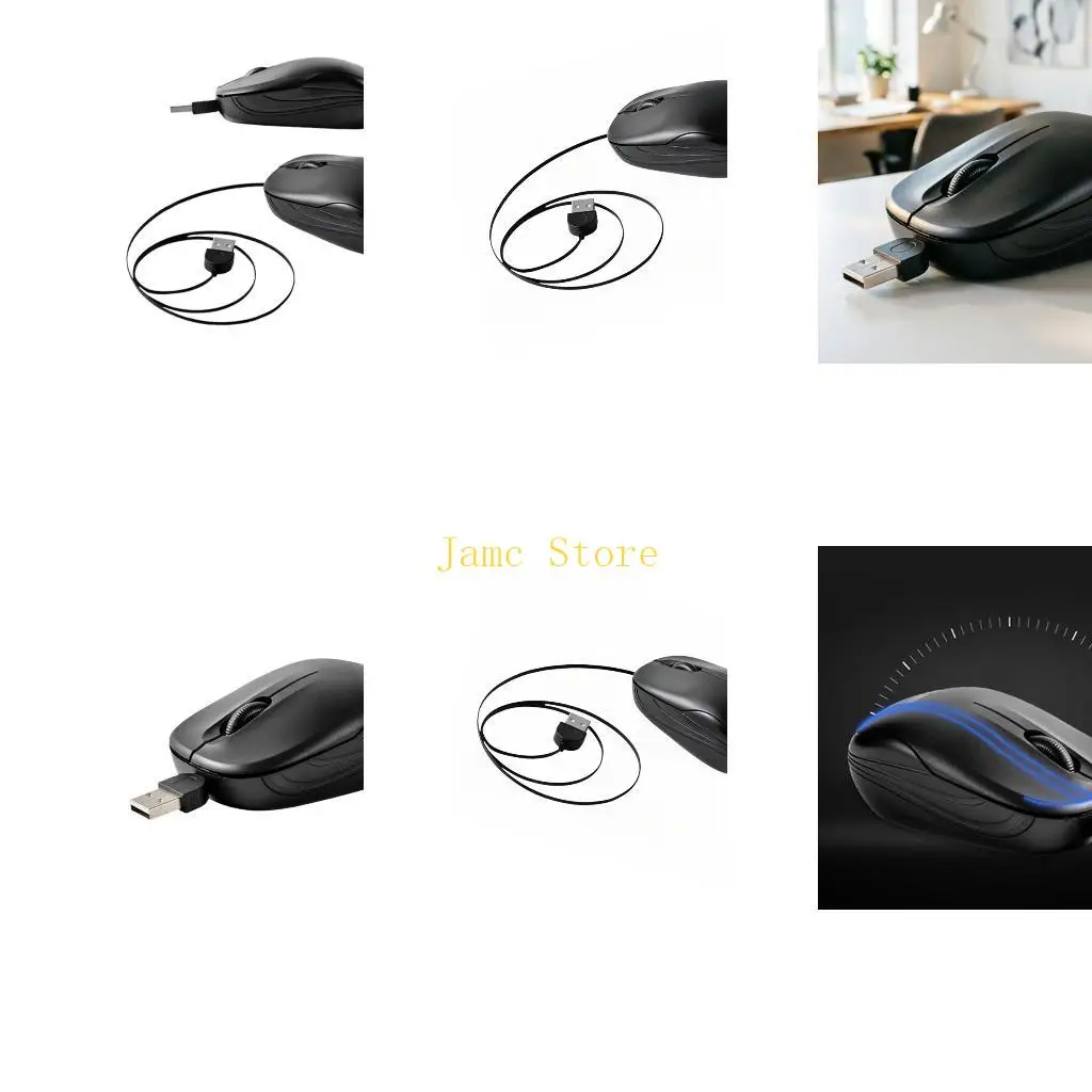 LX0B Corded Mouse Retractable Cable Small Pocket Mouse Optically Basic Mouse Travel