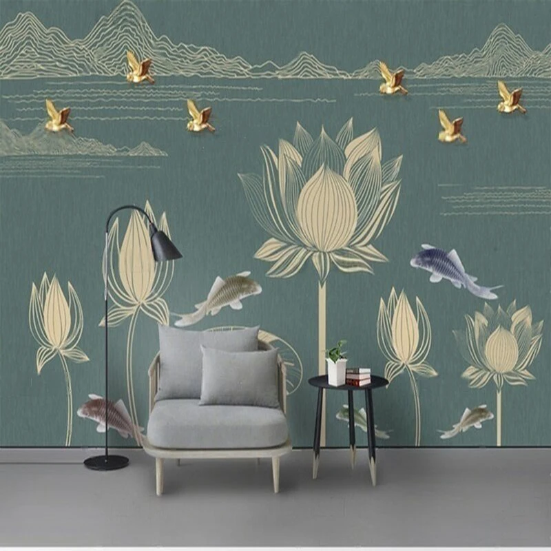 

MU8988 Modern abstract line mountain peaks birds lotus flowers carp TV background wall