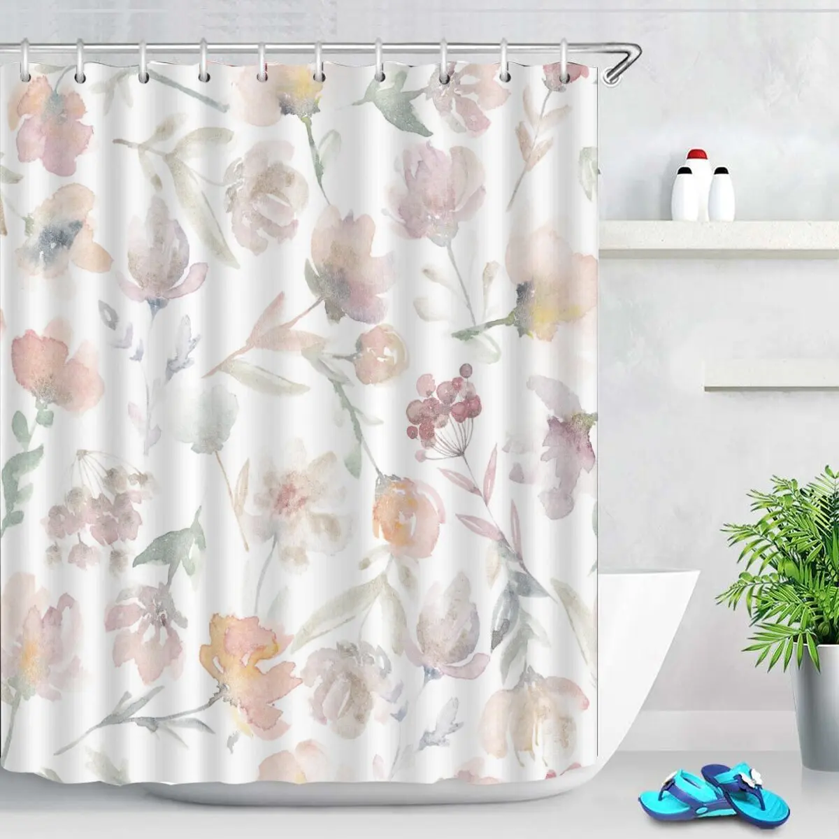 Pink Tulip Bathroom Curtain Flower Plant Shower Curtain Bathroom Polyester Waterproof Decorative Curtain with Hooks