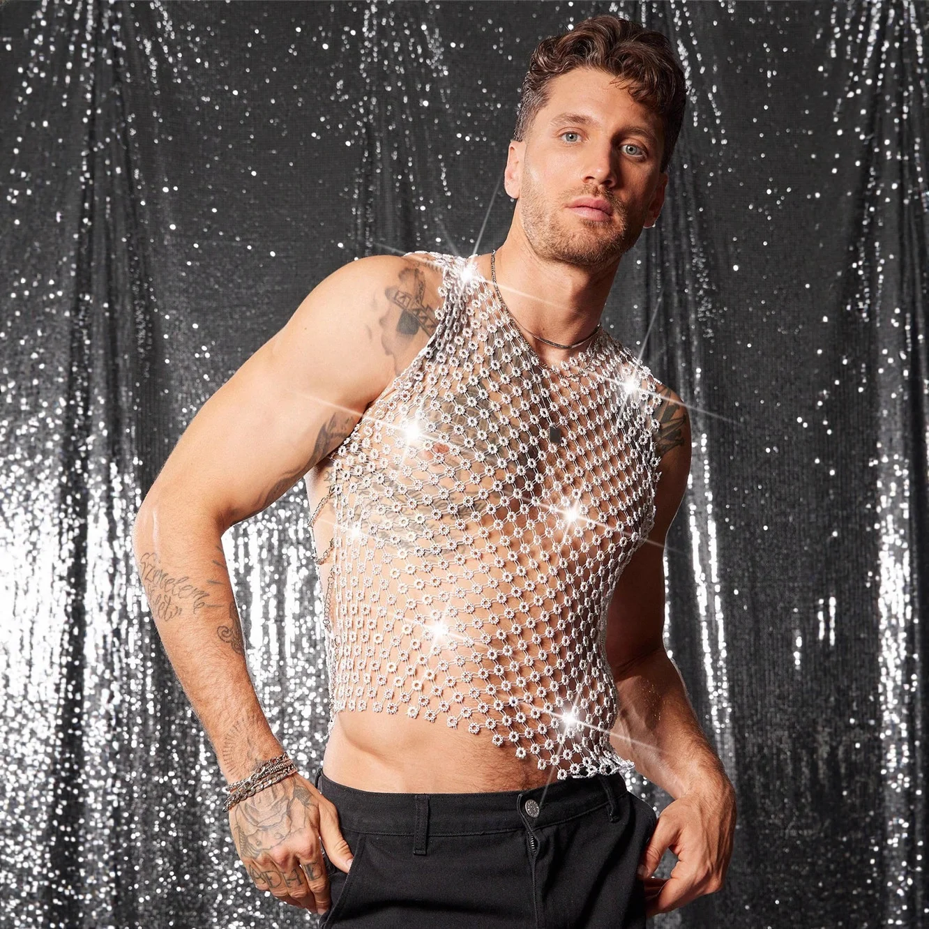 Sexy Hollow out Diamond Encrusted Men's Tank Top for Nightclub Party European Style Fashionable Transparent Design Men's Clot...