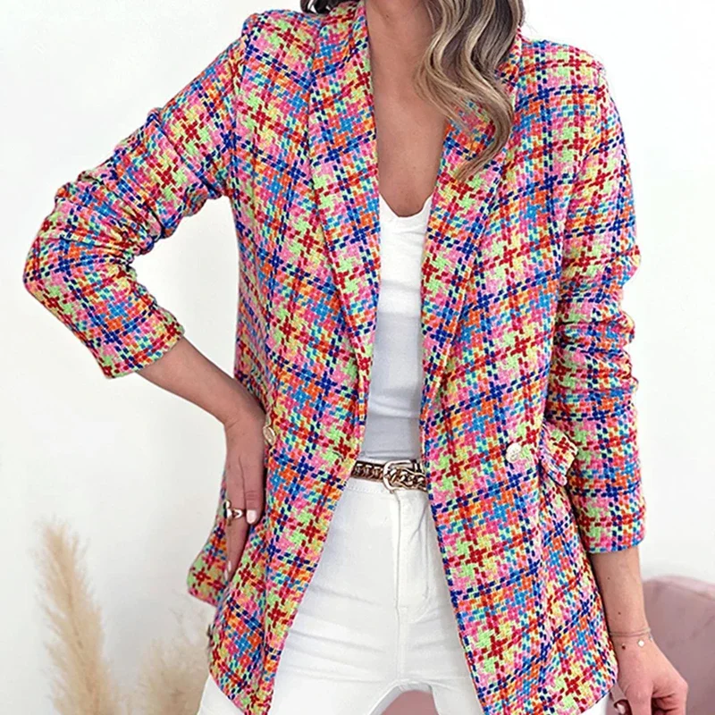 Autumn and Winter New Plaid Printing Long-sleeved Blazer with Pocket Two-button Casual Blazer Feminino Alfaiataria