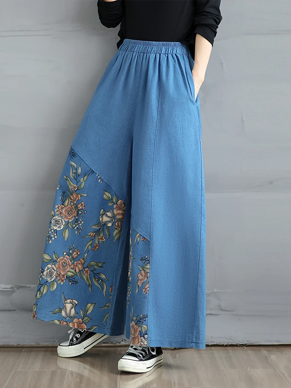 الرجعية الأزهار طباعة فضفاضة المرأة الجينز عالية الخصر مستقيم الساق عارضة السراويل تنوعا ربيع الخريف القطن البوليستر مزيج #3