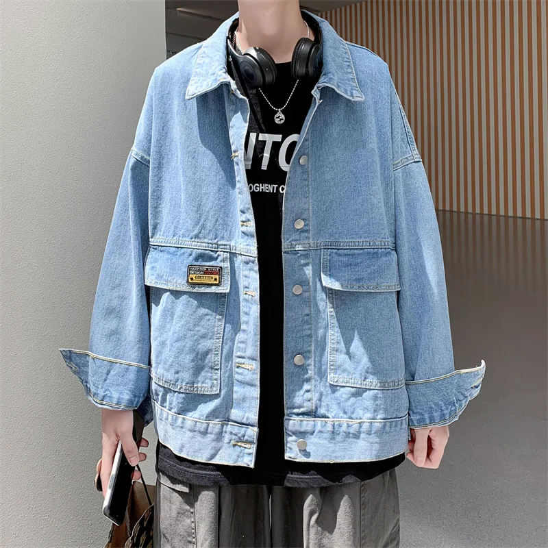 

spring new Hong Kong style men's denim jacket all-match trend coat fashion casual coat loose large size coat