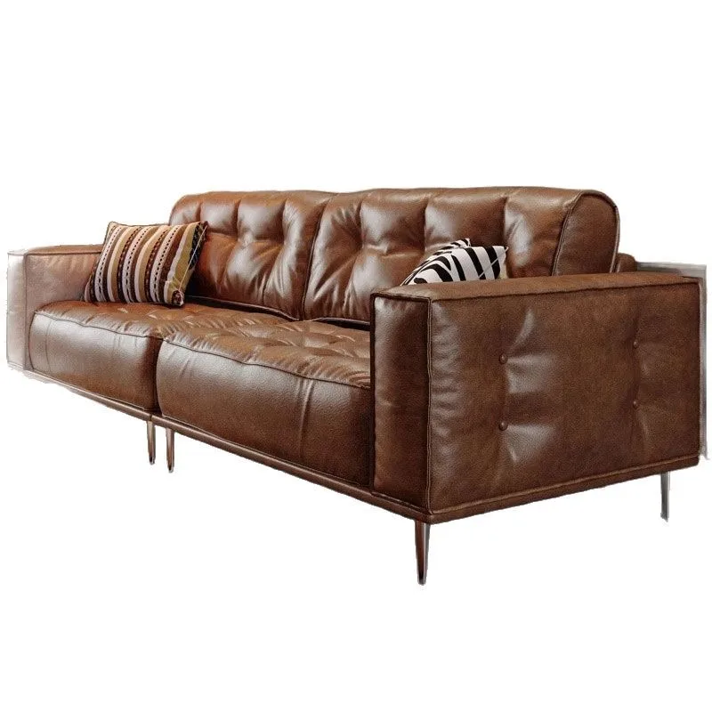 Retro oil wax leather sofa tofu block living room straight row medieval small apartment sofa American style