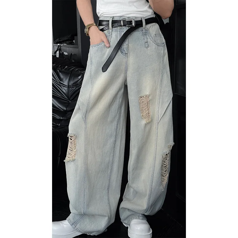 

New Washed Ripped Jeans Men's American High Street Casual Scimitar Straight Wide Leg Pants Men's