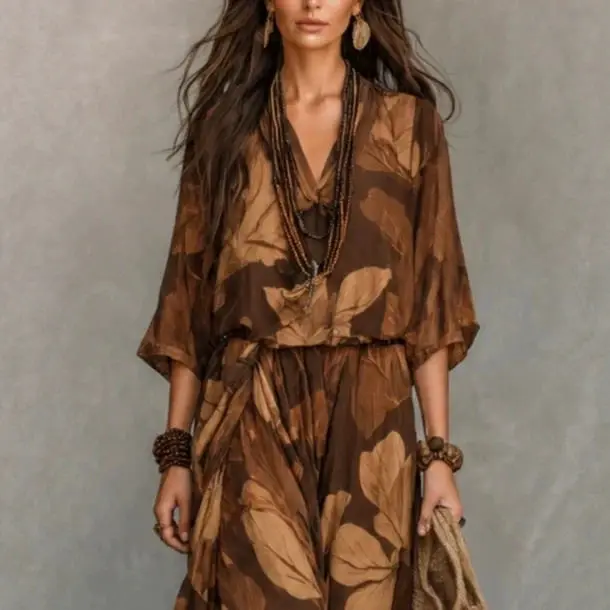 Vintage Boho Leaf Print Flowy Maxi Dress Women V‑Neck Batwing Sleeve Elastic Waist Long Dress Summer Casual Beach Holiday Dress
