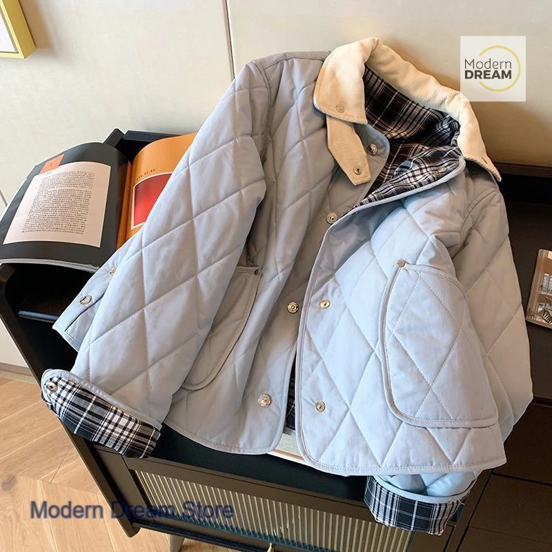 

Korean blue diamond padded short warm padded jacket women's autumn and winter new fashion temperament stitching cotton coat.