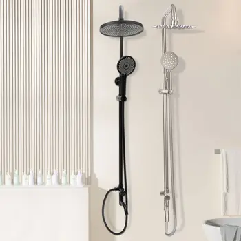 304不鏽鋼雨淋花灑套裝,拉絲鎳/噴漆淋浴龍頭套裝,雨淋式出水嘴,圓形龍頭,黑/銀色 6 最佳銷售 淋浴龍頭套裝 - №5