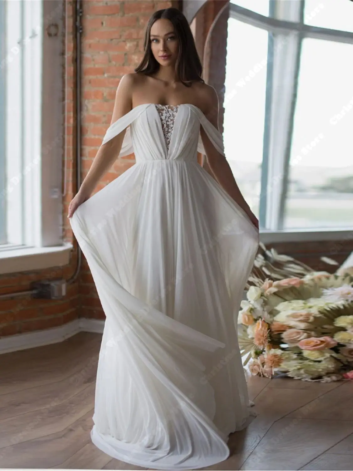 Simple Off The Shoulder Wedding Dresses 2024 Women Chiffon Boho Hot Sale Plus Size Bridal Gowns Newest Mopping Length Lady Robes