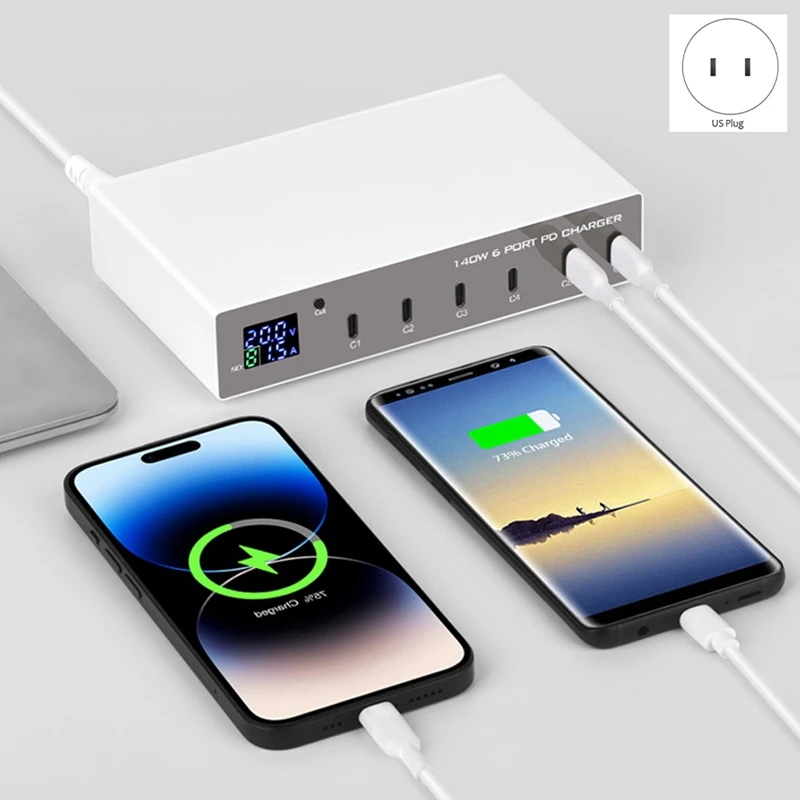 노트북용 고속 충전기 스테이션, 140W, 6 in 1 PD 충전기, 충전 3.0, USB C 타입, 30W 미국 플러그