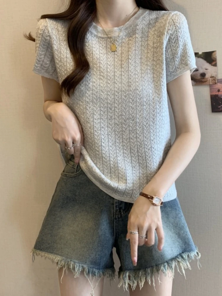 Short Ice Silk T-Shirt Women's Summer plus Size Slimming Belly Cover Stylish Beautiful Short Sleeve round Neck Top