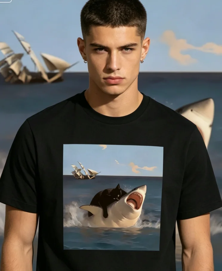 Black Cat Suppressing Great White Shark Graphic Men'S Casual Round Neck T-Shirt Prank T-Shirt Gift Unique Meme Graphic T-Shirt