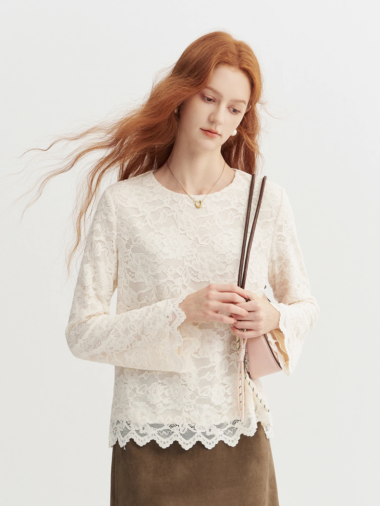 Elegant Lace Long Sleeve round Neck T-Shirt Women's Fashion Autumn Versatile Gentle Style KUHNMARVIN Comfortable Breathable