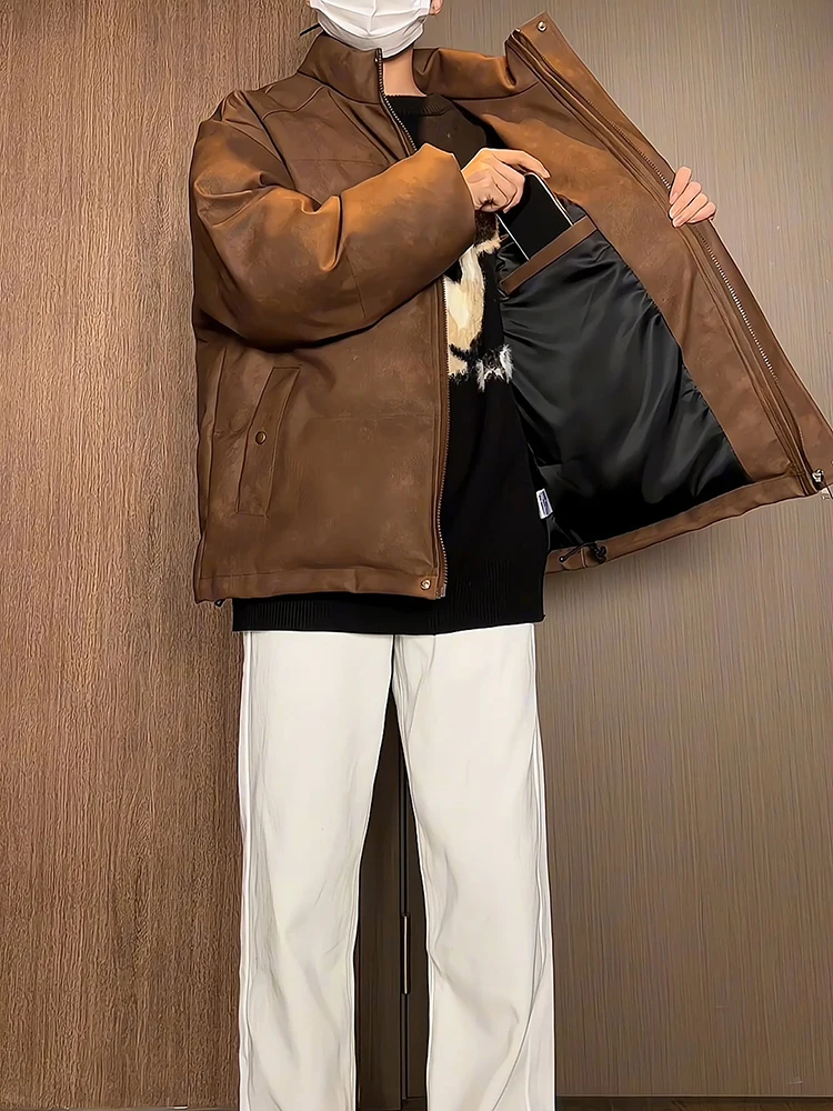 

Brown Thiened Fce Winter Jaet Men's Sle Bread Coat ort Stand Collar Workwear Leather Outerwear Waterproof Polyester