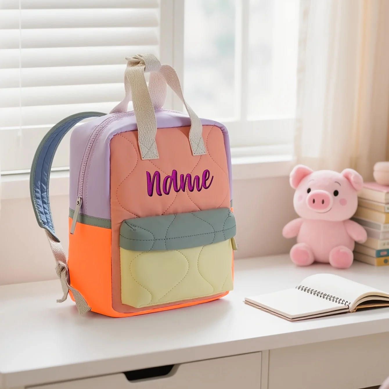 Oranje-gele kleurblokrugzak voor dames - Borduursel met aangepaste naam |   Leuke kleine tas, ideaal herfst-winteruitje cadeau