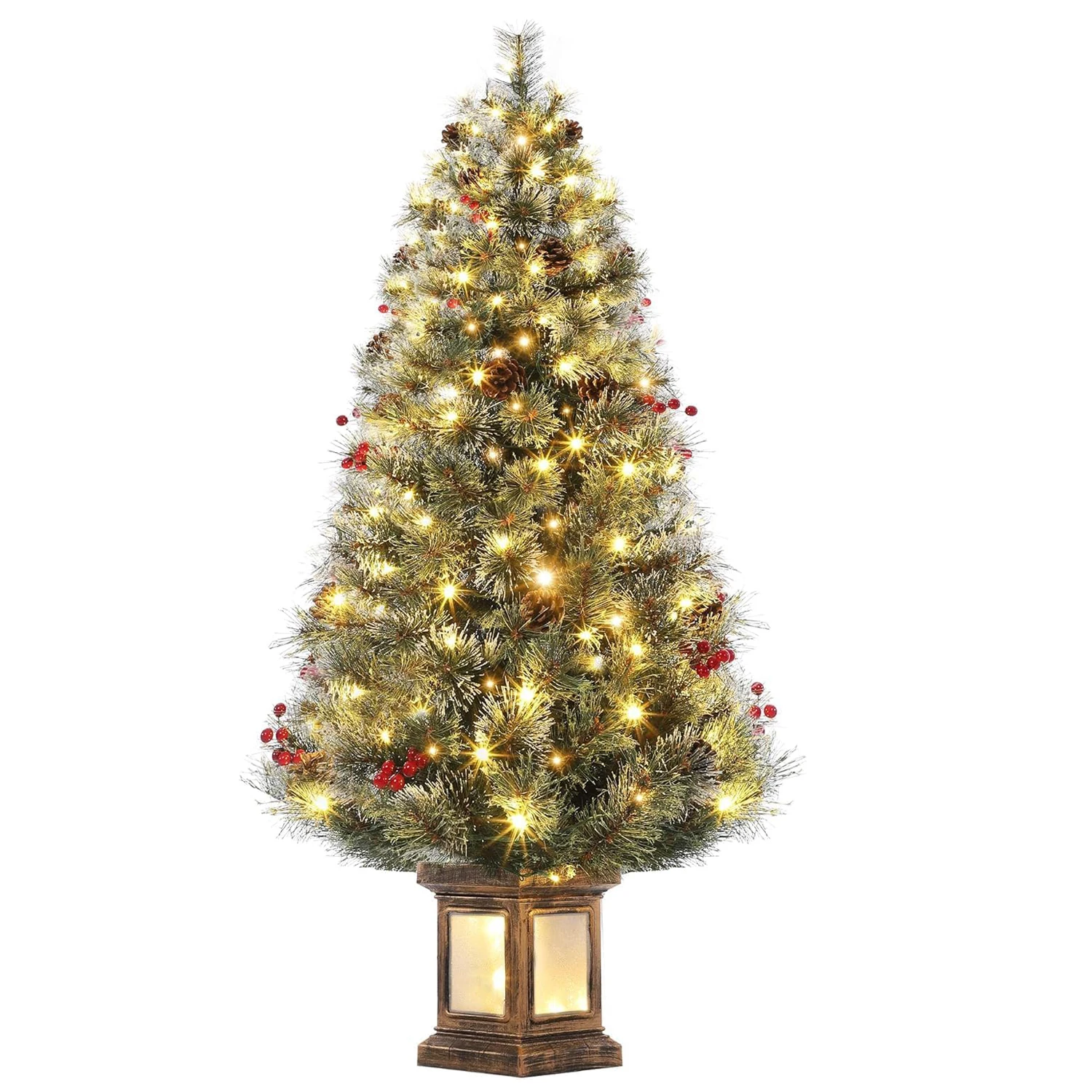 4.5ft Pre-Lit Christmas Tree for Entrances, Artificial Potted Xmas Tree with 108 Warm White LED Lights, Timer, 3 Lighting Modes