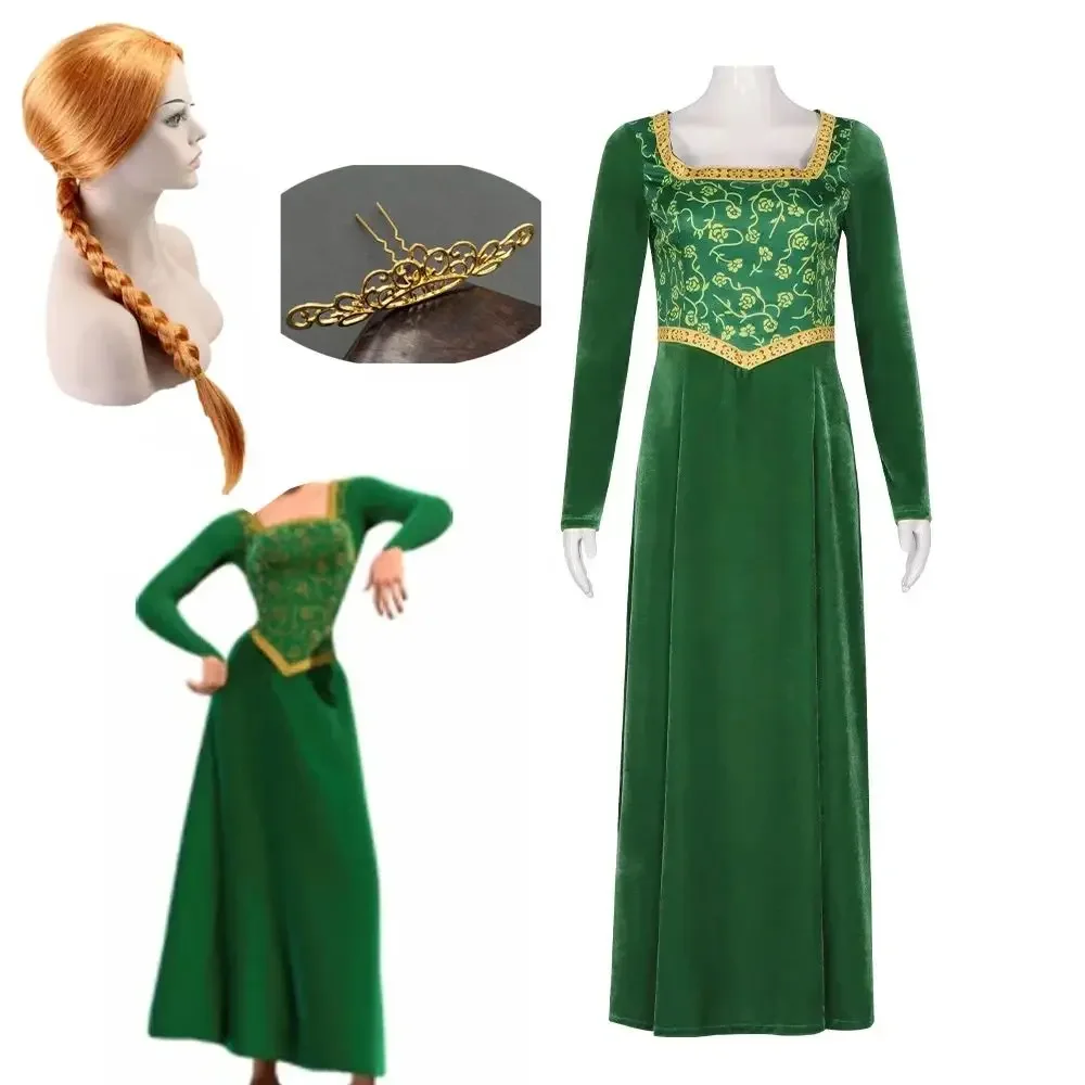 Anime Fiona Cosplay Costume Ladies Women Green Fiona Cos Shrek Wife Princess Dress Headgear Wigs Cap Outfit For Halloween Party