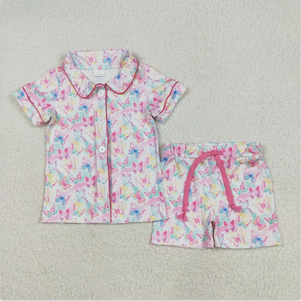 

Boutique Baby Kids Pajamas Colorful Butterfly Button Cute Girls Short Sleeve Shorts Boys Sleepwear Spring Boys Pajamas Kid Sets