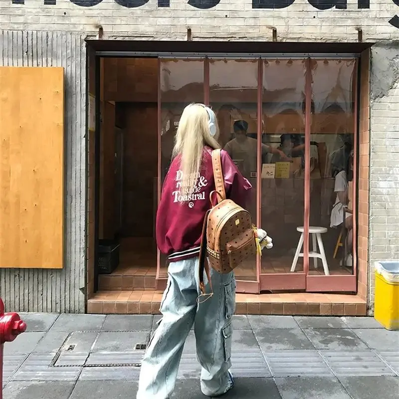 Women Outerwear 2025 Spring Autumn American Retro Red Patchwork Leather Jacket Men's and Female Lapel Motorcycle Baseball Jacket