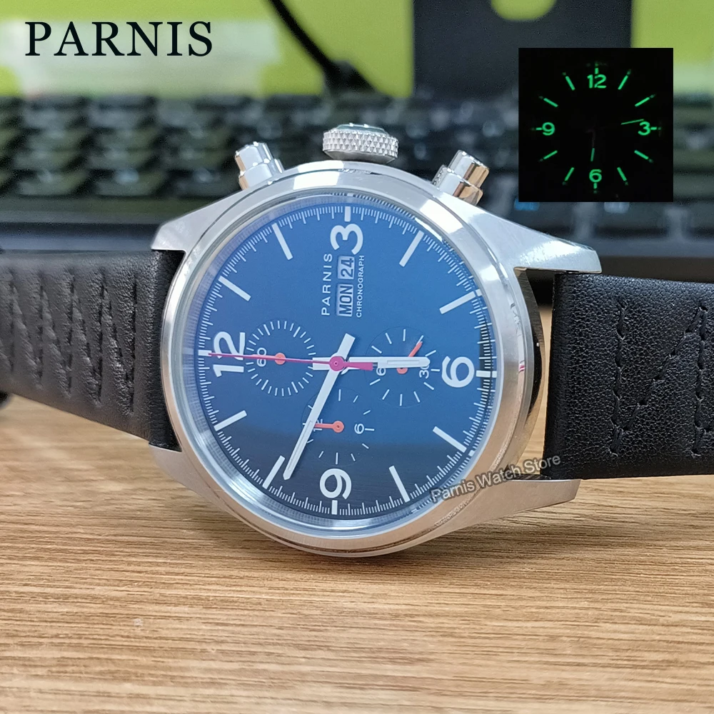 42mm Parnis Chronograph Quartz Watch Men Luminous Marker Black Dial Stainless Steel Case Wristwatch