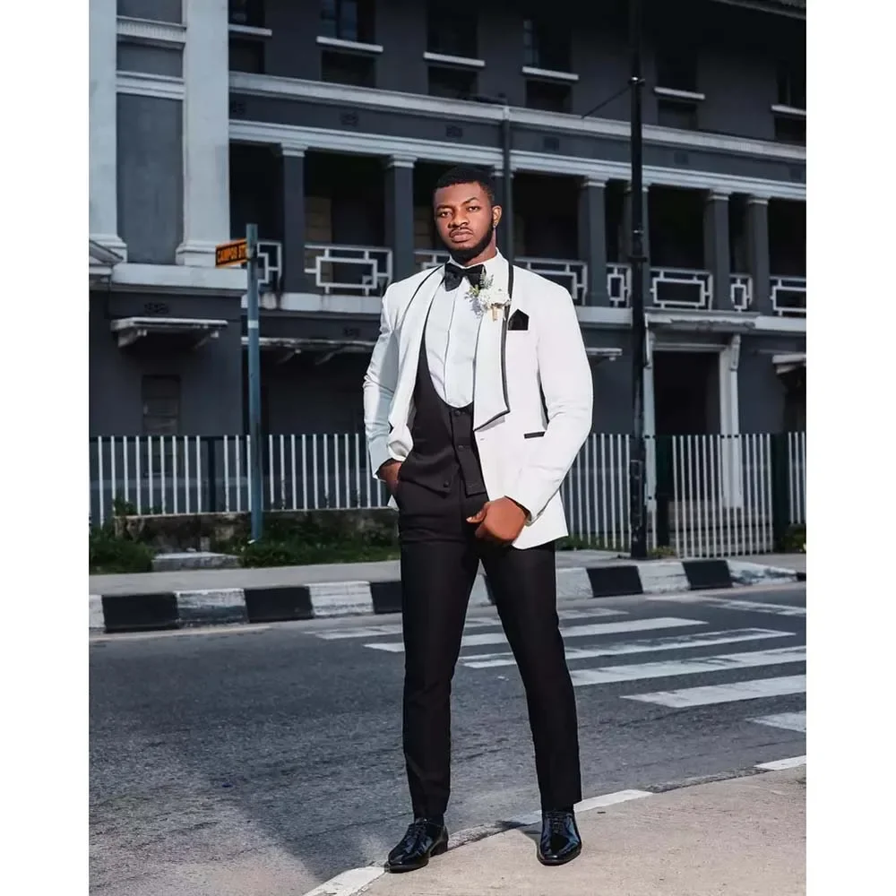 New Design One Button Wedding Suits for Men Shawl Lapel 3 Piece White Blazer Black Vest Pants Set Elegant Groom Outfits Slim Fit