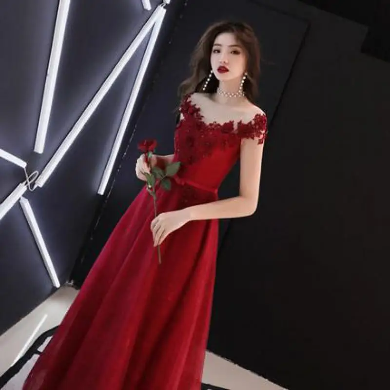 Red Flower Appliques Bride Wedding Party Dress Gown Off Shoulder Sexy Qipao Mesh Bandage Beads Cheongsam Female Belt Vestidos