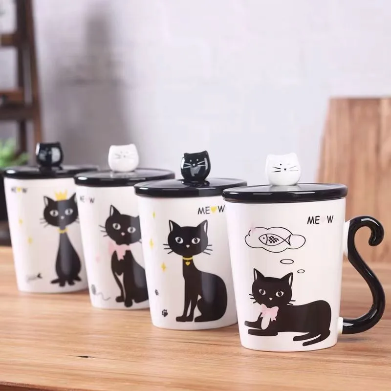 Caneca do casal bonito gato cerâmica café com tampa grande capacidade canecas animais criativo drinkware café chá novidade presentes copo de leite