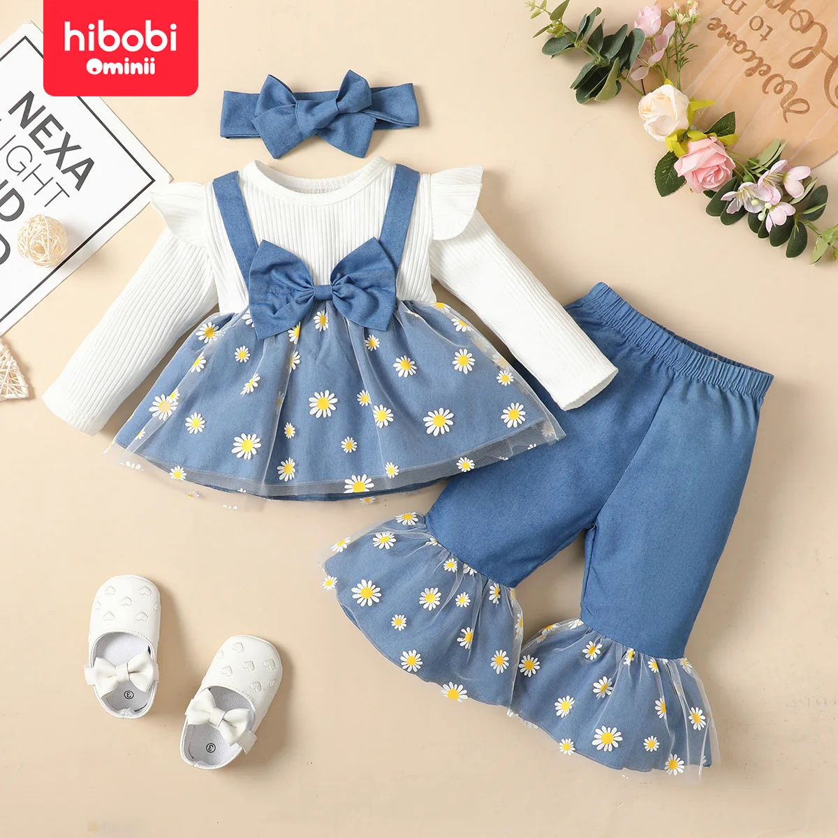 hibobi 3-Piece Spring Baby Girl Cute Pure Cotton Floral Pattern Denim Mesh Patchwork Bowknot Decor Suitable For 3-24 Months