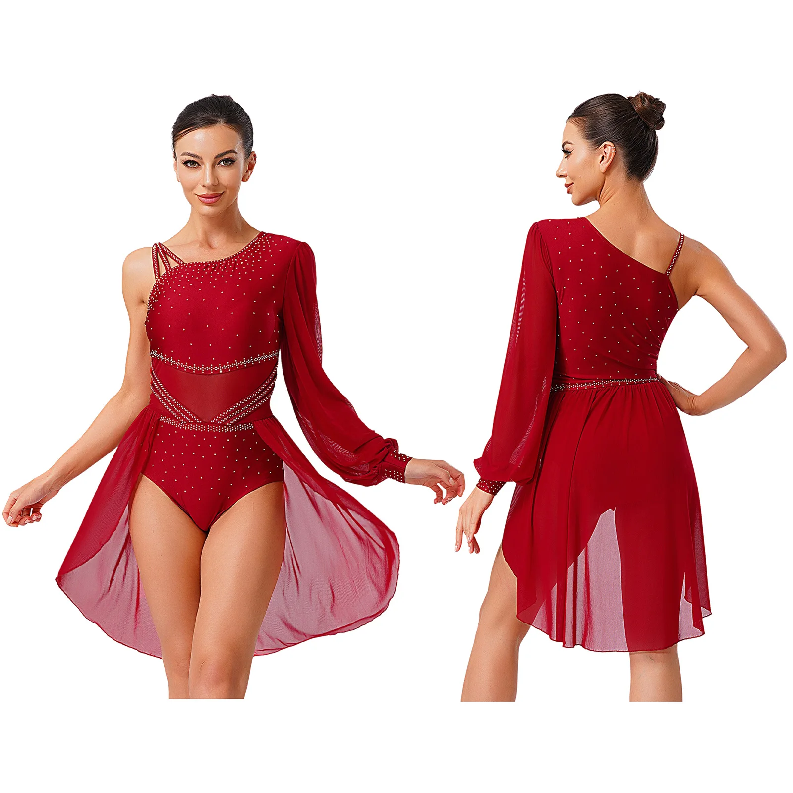 

Women Figure Skating Modern Dance Dresses Shiny Rhinestones Leotards Mesh Skirts Skating Dress for Jazz Performance Competition