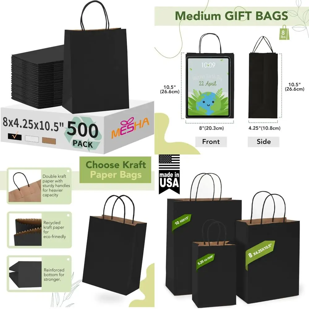 Bolsas de papel de regalo MESHA, paquete de 500 bolsas Kraft de compras medianas negras de 8x4,25x10,5 pulgadas, a granel con asas, reutilizables para negocios y comestibles