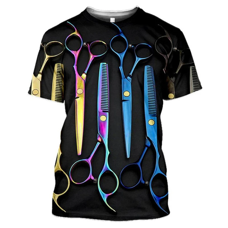 Barber Work T-Shirt Mens Clothing Short Sleeves O-neck T Shirts 3D Printed Comb Scissors Personality Harajuku Street Tees Tops