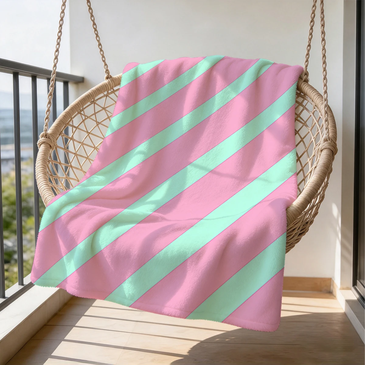 Pink Mint Diagonal Stripes Flannel Blanket Warm Soft Halloween Christmas Couch Warm Cozy Decorative Decor Gift for All Season