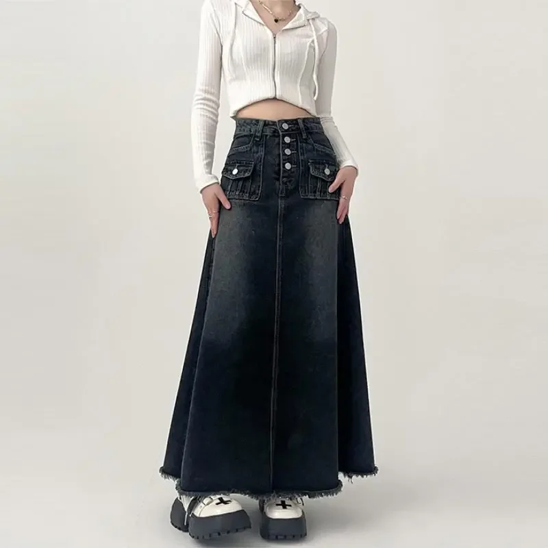 High-waisted Cargo Denim Skirt Women\'s Autumn Long A-line Mid-length Skirt  Retro Raw Edge Y2k Female Clothing Korean Style