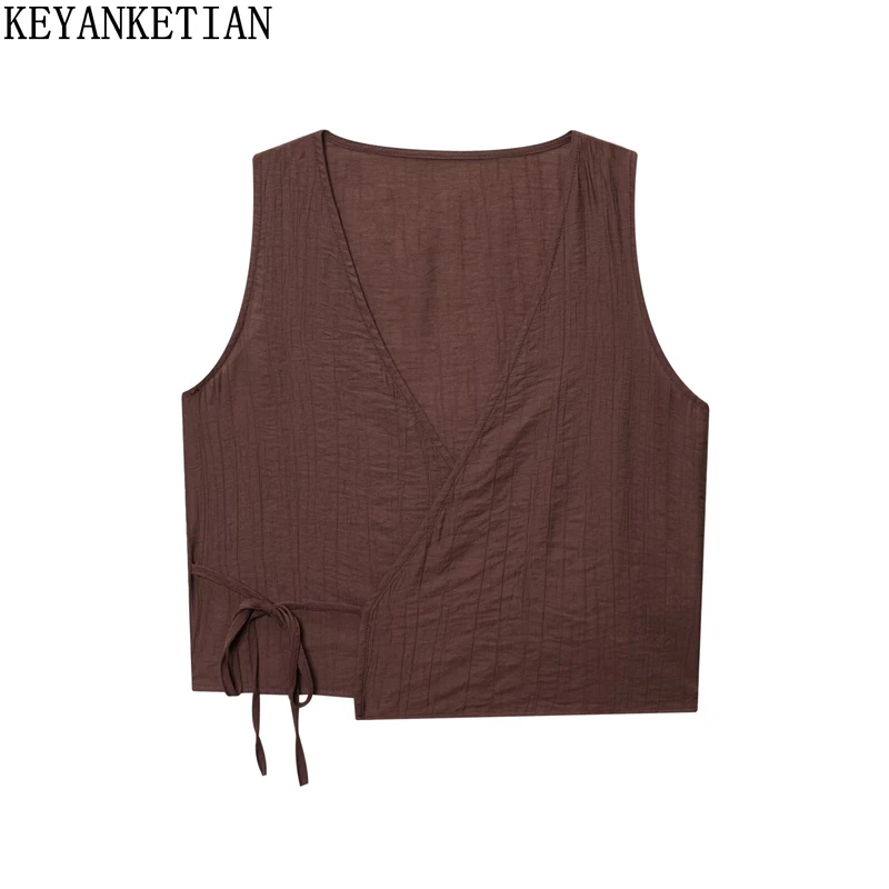 

KEYANKETIAN 2025 Summer New Women's Pleated Effect Sleeveless Blouses Top Leisure style Lace Up V-Neck Slim Camisole ShirtThin