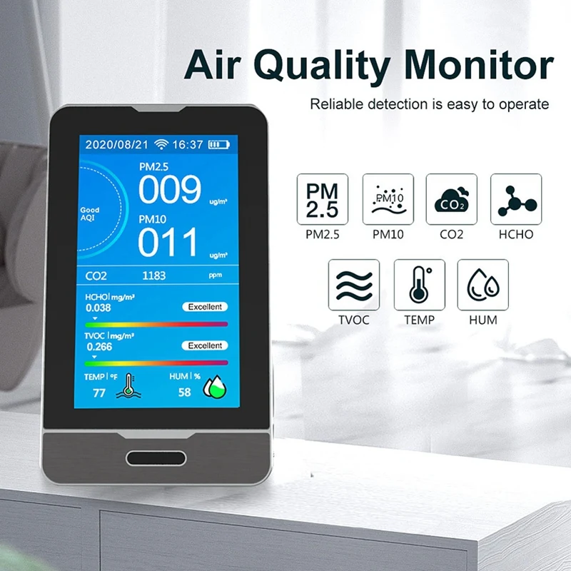 LED Display Air Quality Monitor PM2.5 PM1.0 PM10 HCHO TVOC CO2 Temperature Humidity Meter