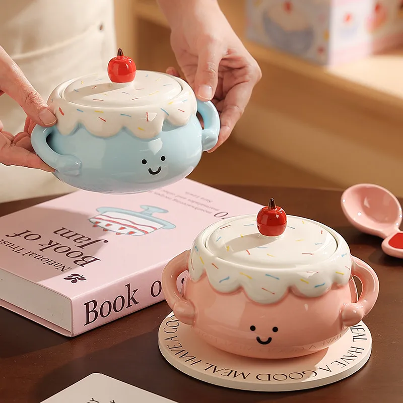 

Exquisite Household Stew Pot High Aesthetic Ceramic Bowl With Lid Steaming Egg Bowl Double Ear Small Bowl Underglaze Color Bowl