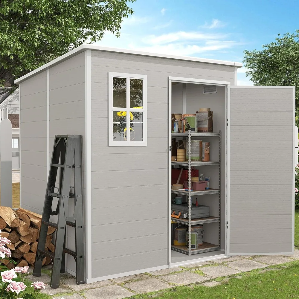 

Outdoor Storage Shed, 6x6 FT Resin Shed with Floor and Lockable Door, Window & Vents, Tool Sheds & Outdoor Storage for Bike, Too