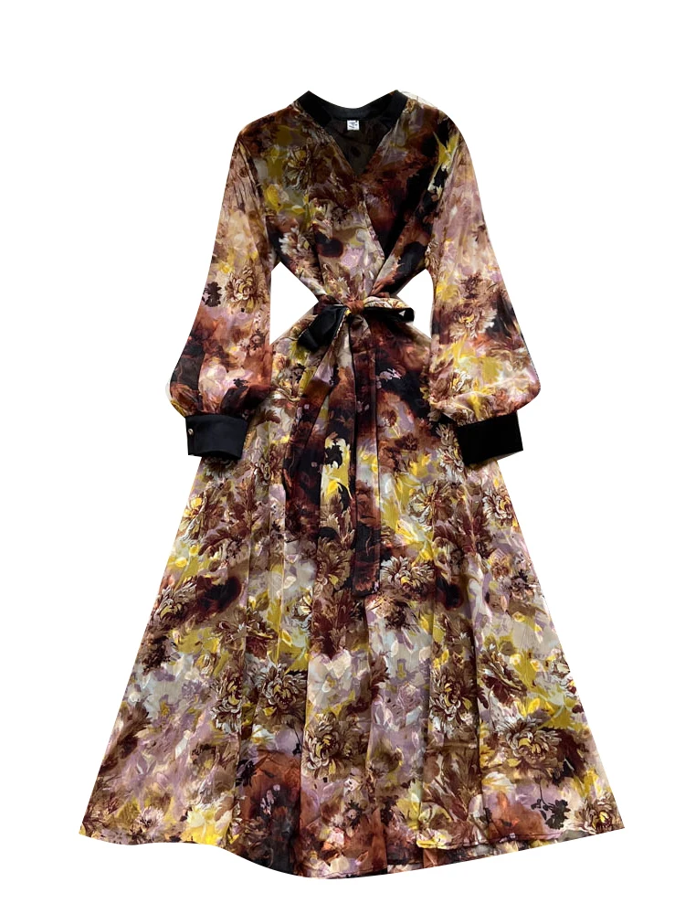 Ele Stampa floreale Maxi Dr Abito da donna a vita alta con finiture in pizzo Lungo Sve Abito a trapezio snellente Bla French Country Sle