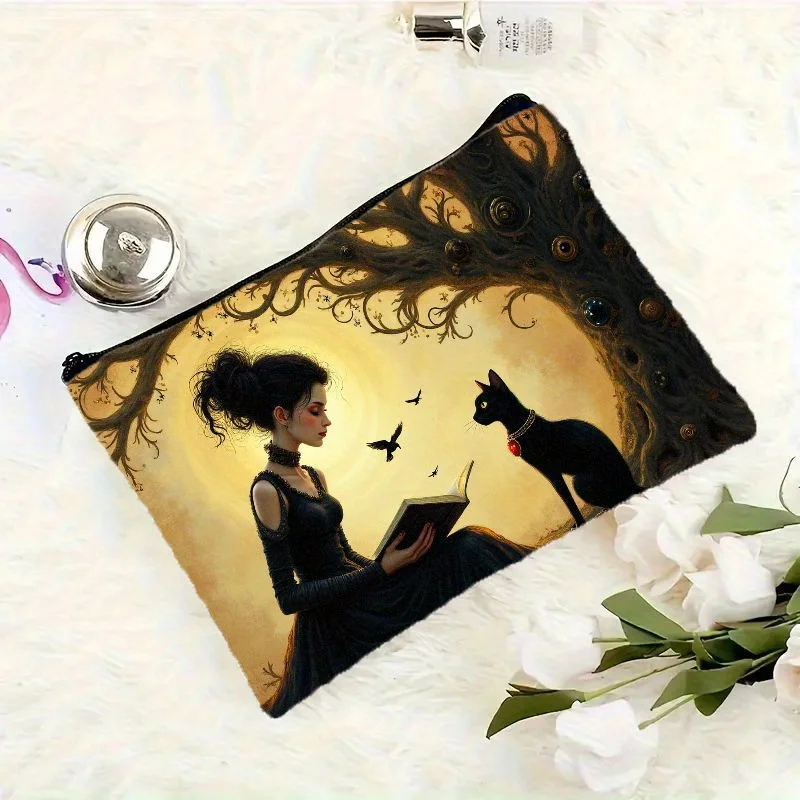 1 Piece Gothic Style Witch Cat Reading under the Tree Makeup Bag - Multifunctional Zipper Pouch for Women, Perfect Travel Zipper Storage Bag, Fun Birthday Gift