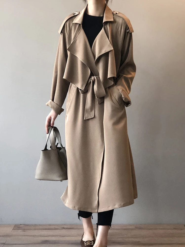 

ZOCI Lace-up Gathered Waist Trench For Women Lapel Long Sleeve Office Lady Loose Windbreaker 2025 Spring New FC1223