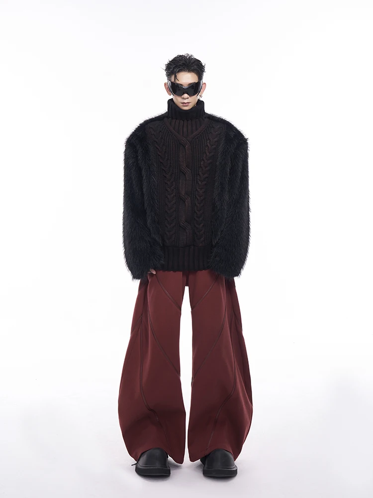 High Street Patchwork High Neck Sweater Men's Autumn and Winter with Thick Velvet Lining and Hand-painted Knitted Sweater Tops