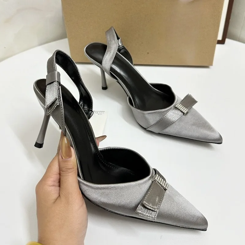 

Блестящие женские туфли-лодочки с бантом из страз, сексуальные туфли с острым носком и ремешком на пятке, для офиса, банкетов и вечеринок, на высоком каблуке