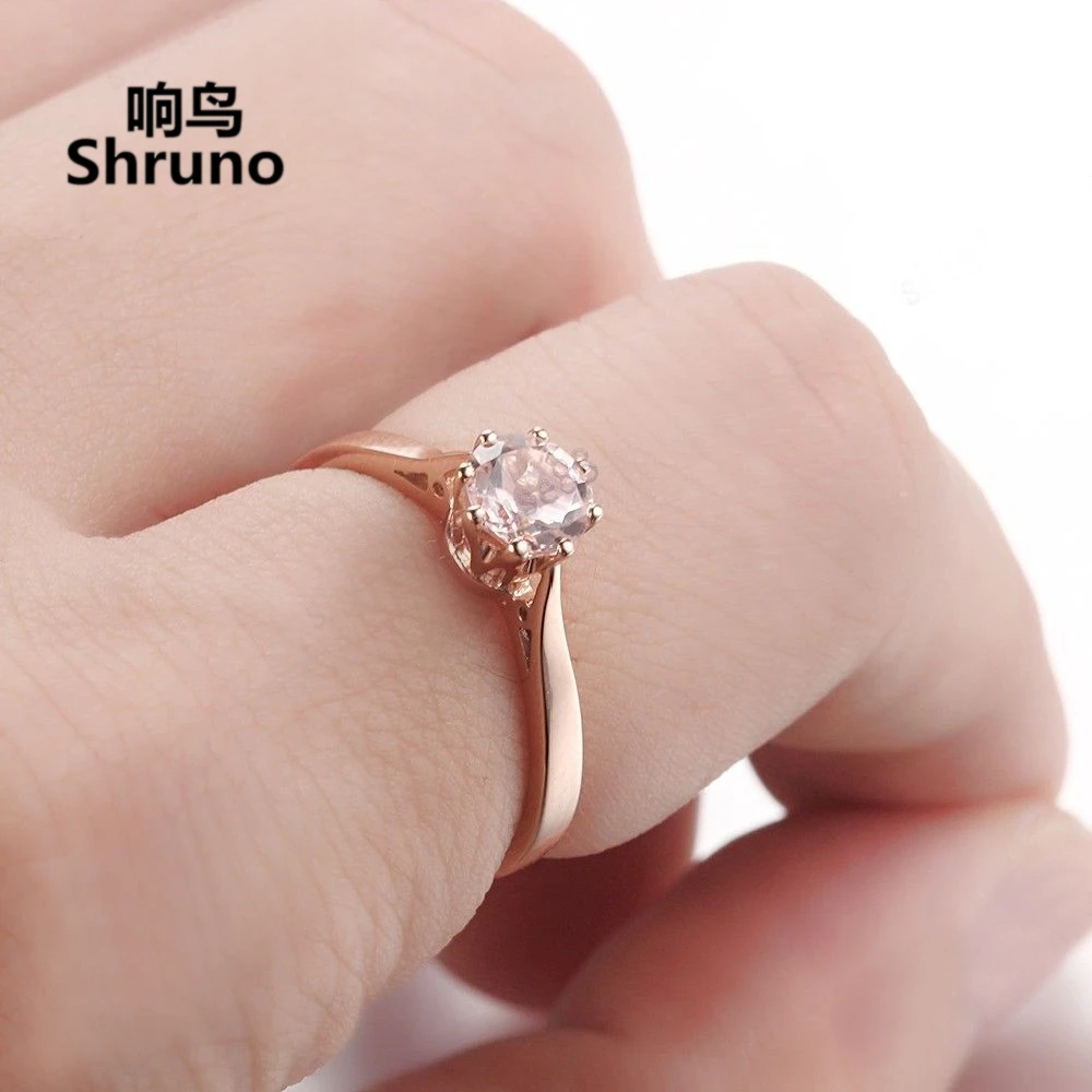 

Shruno Solid 14K au585 Rose Gold Round 5.5mm Genuine Natural Morganite Engagement Ring For Women Gemstone Wedding Trendy Jewelry