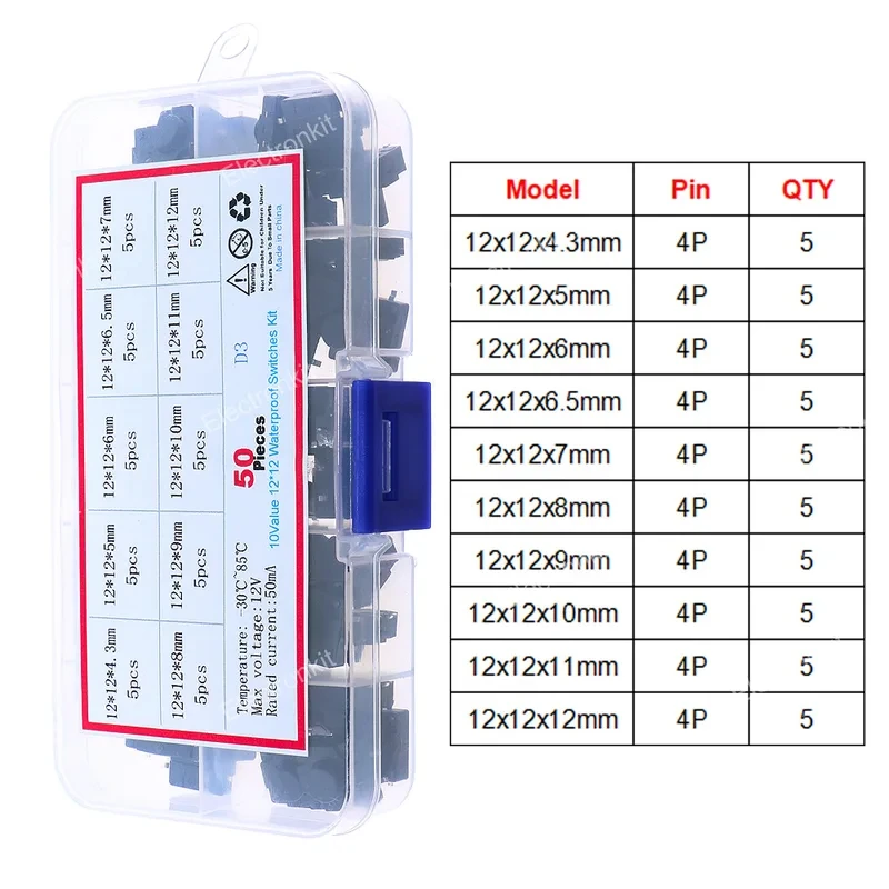 50pcs 12x12mm 4.3mm-12mm Waterproof Tact Switch Button Dustproof Micro Switch Assorted kit 10Value Each 5pcs