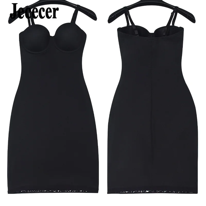 Jececer Black Slip Dress Body Shaper Woman Shapewear Chest Support Cup Slimming Underwear Upgraded Non-slip Hem