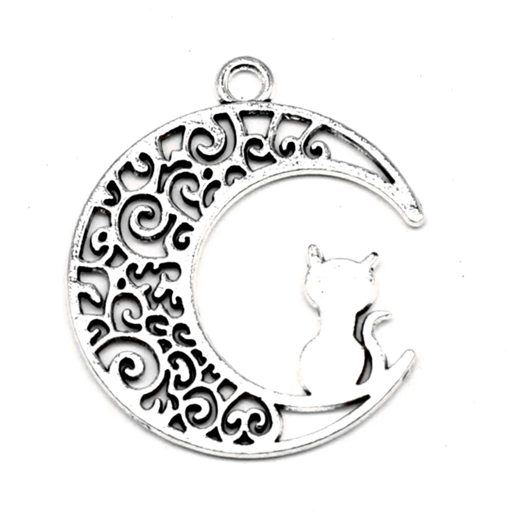 5pcs 25x30mm Moon Cat Charms Jewelry Making Pendant Craft Cute Jewelry Antique Silver Color